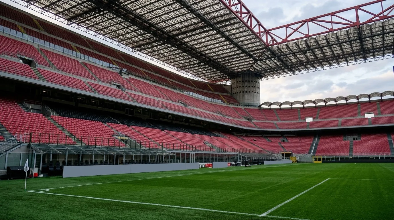 The pitch and steep stands of San Siro from inside the bowl